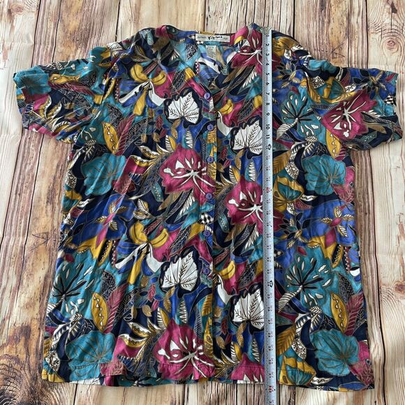 Vintage Kikomo Style Top Womens 24W Tropical Hibiscus Button Down Blouse Beach - Picture 8 of 8